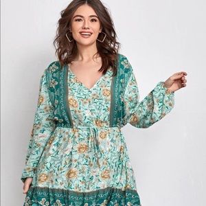 SHEIN Plus Floral Print V-neck Ruffle Hem Dress